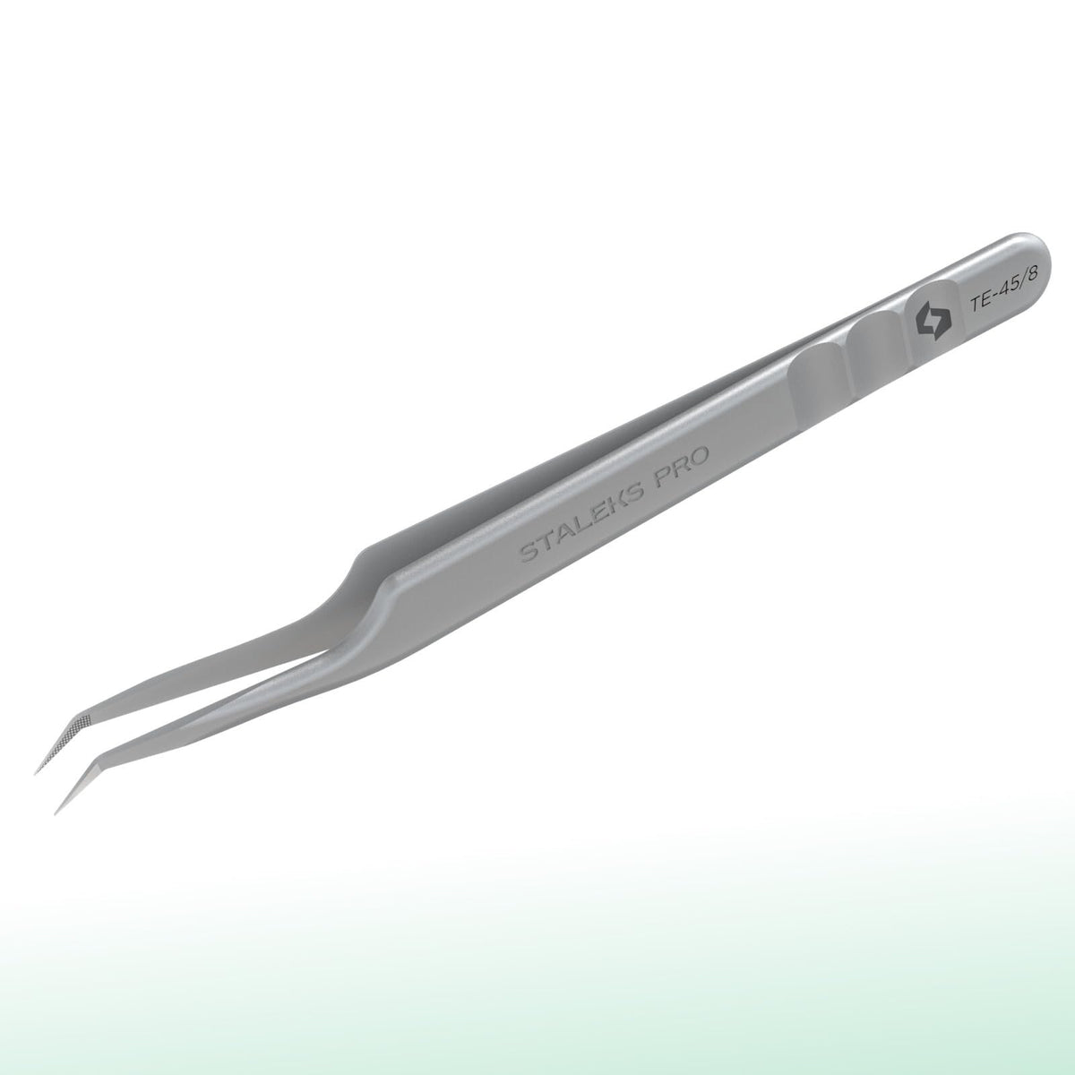 Staleks Pinzas profesionales para pestañas STALEKS PRO Expert 45 tipo 8 (mini en forma de L) de acero inoxidable con nanomuescas para extensiones de pestañas con volumen y megavolumen.