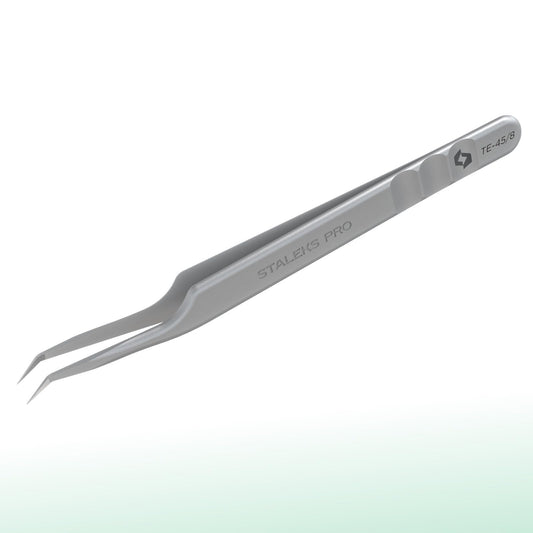 Staleks Pinzas profesionales para pestañas STALEKS PRO Expert 45 tipo 8 (mini en forma de L) de acero inoxidable con nanomuescas para extensiones de pestañas con volumen y megavolumen.