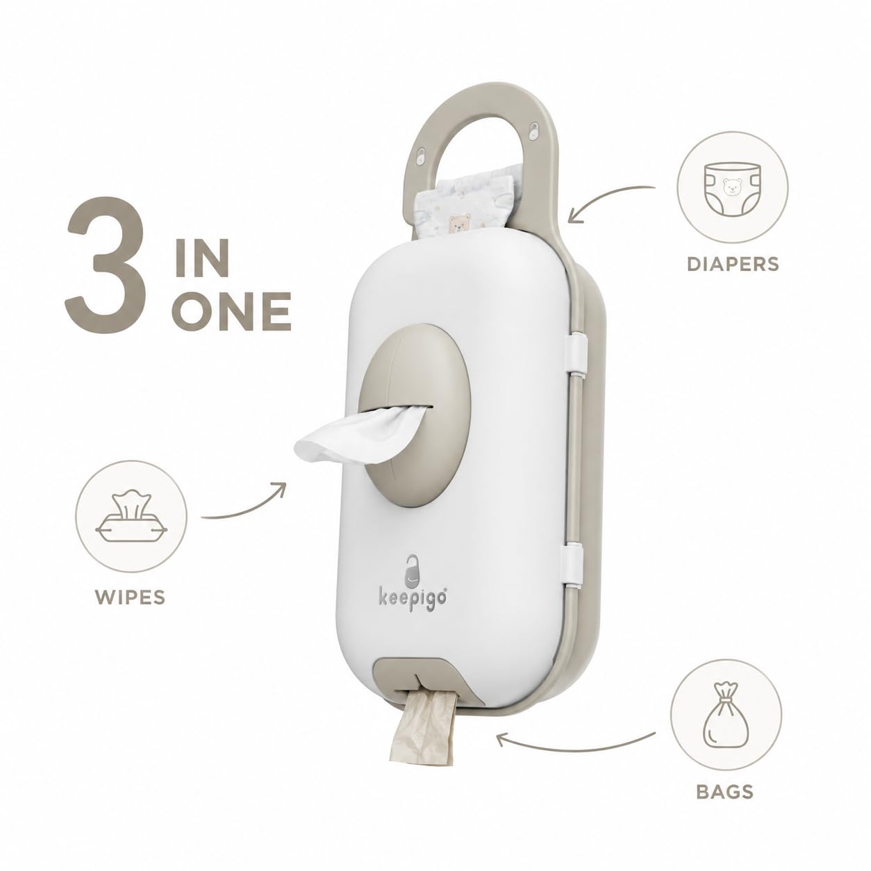keepigo - Dispensador de toallitas para pañales | Organizador portátil 3 en 1, soporte para toallitas para bebés con bolsas desechables | Esenciales para bebés recién nacidos, niños pequeños, regalos