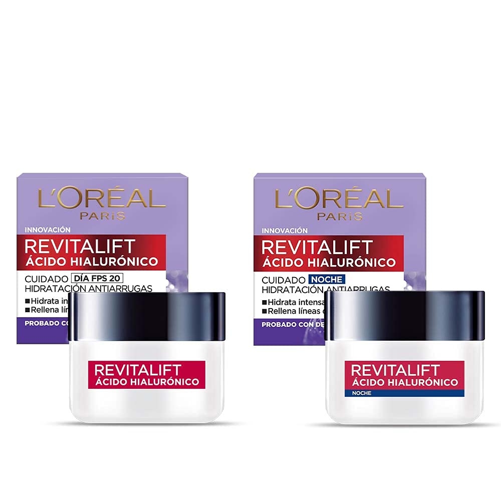 L'Oreal Paris Kit revitalift cuidado facial: crema de dia y crema de noche + Crema hidratante anti-líneas de expresion Revitalift Ácido Hialurónico Día de L'Oréal Paris, 50 ml