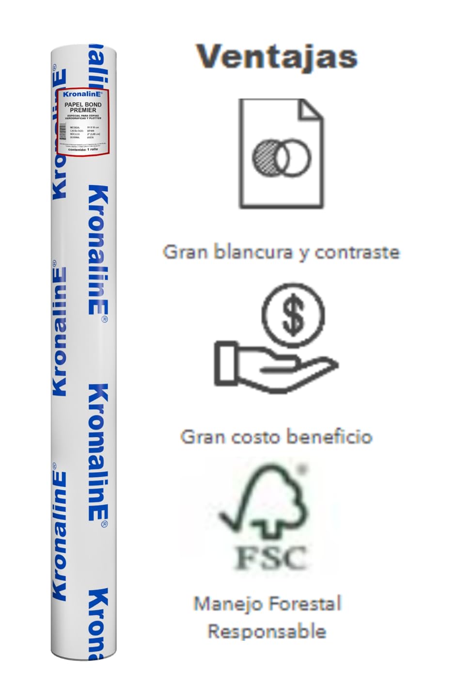 Papel Bond Premier Blanco 20lbs 75g/m2 Óptica 0.91x50m RL
