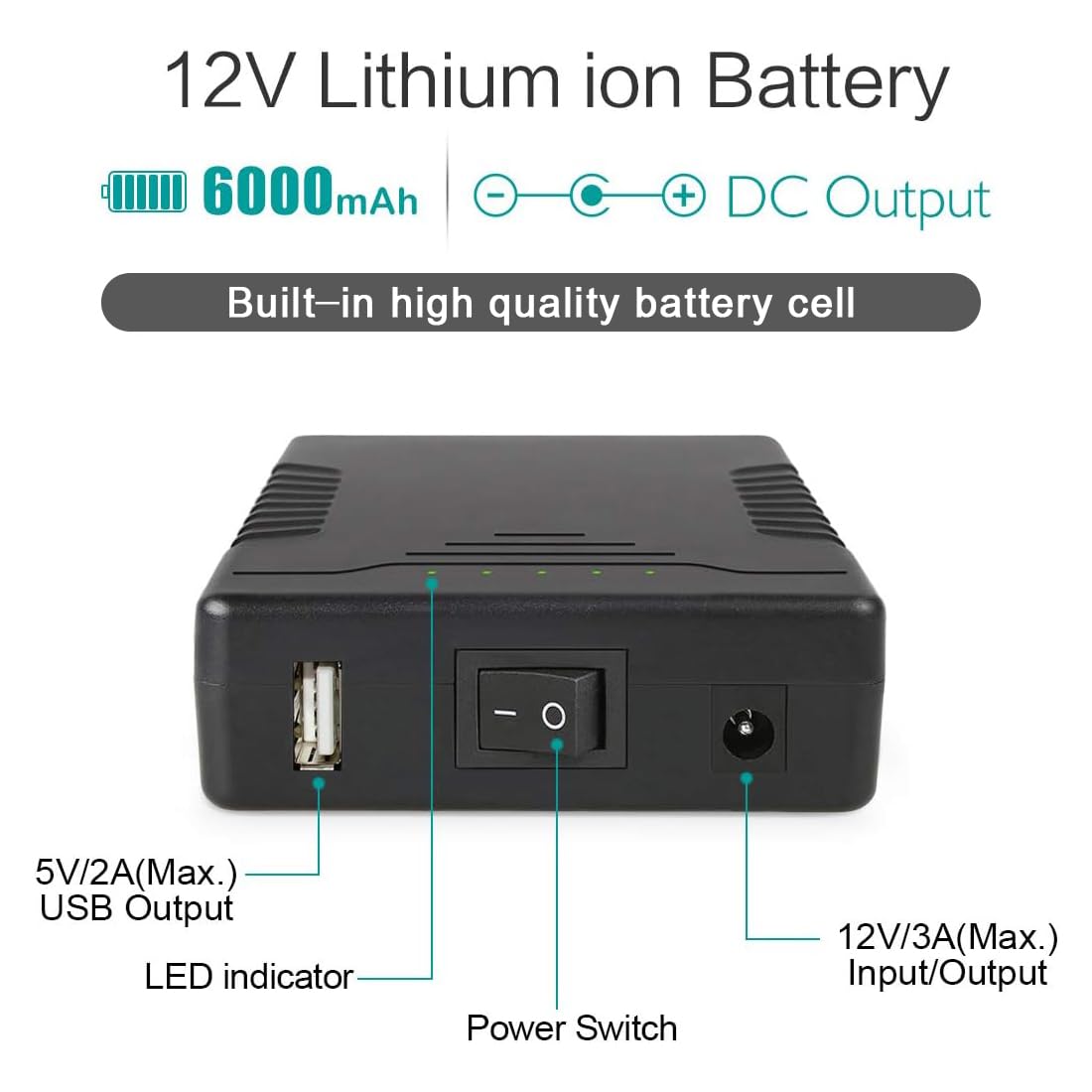 Batería Portátil TalentCell Negra de Iones de Litio con Cargador e Indicador LED para Tira LED y Cámara CCTV