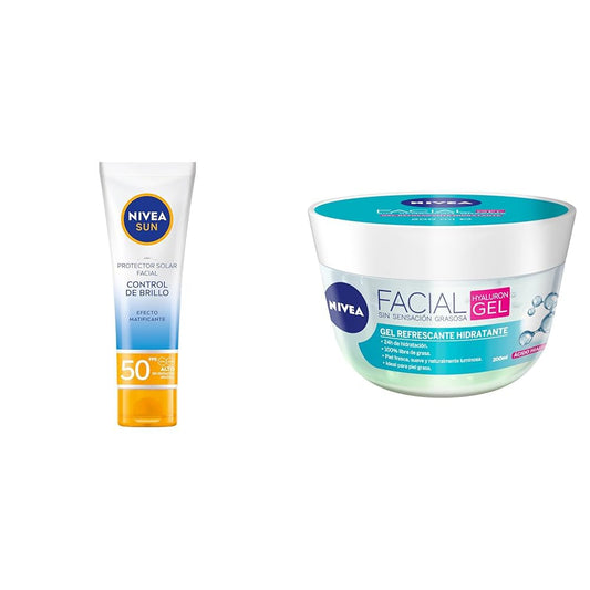 NIVEA SUN - Protector Solar Facial Control De Brillo (50 ml), FPS 50+, Efecto Matificante Larga Duración, + Gel Facial Refrescante Cuidado Facial (200 ml) con ácido hialurónico, piel grasa