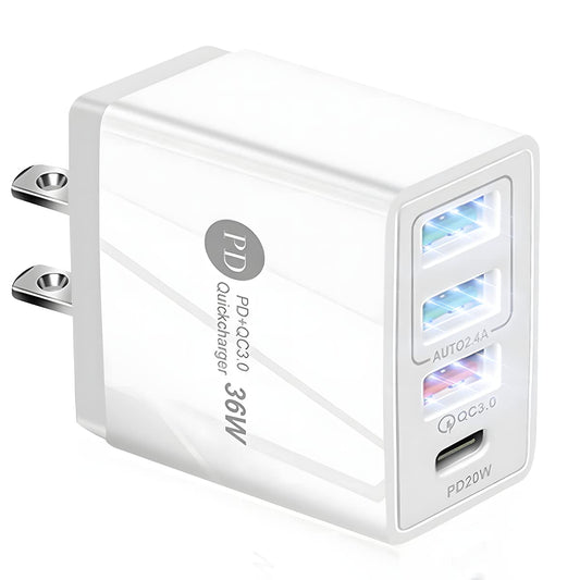 DAQI Cargador de Carga Rápida 36W 4 en 1，36W 4 Puertos de Carga Rápida PD Cargadores de Pared con QC3.0,Bloque de Carga súper rápida, 4 Puertos, Compatible para Celular, Tablet y Laptop y más