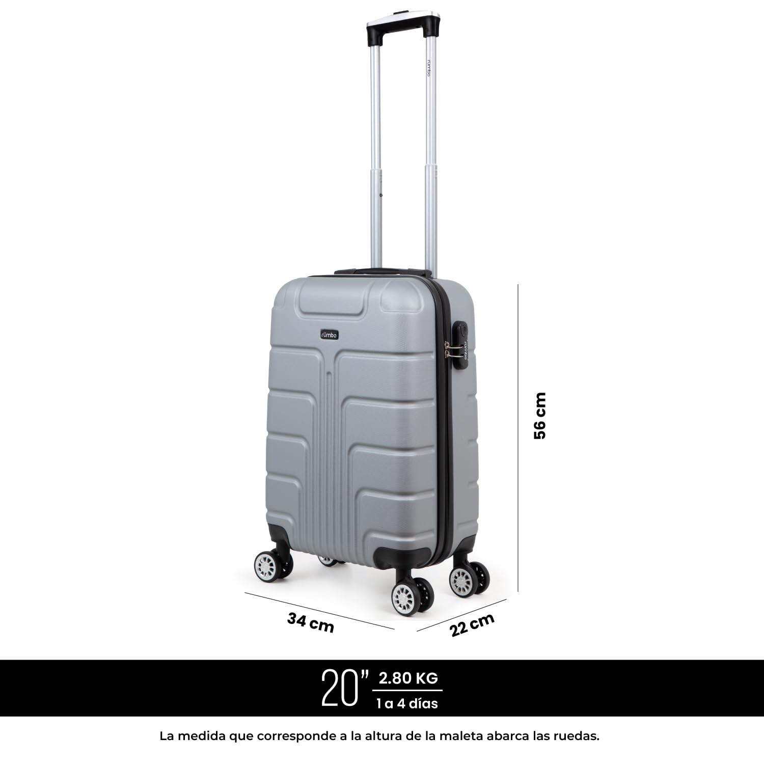 Maleta de Viaje Rumbo Gris Plata Resistente con 4 Ruedas y Candado de Seguridad