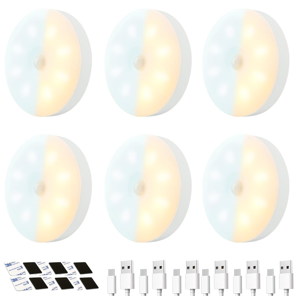KIWOP 2 Colores Luz Led con Sensor de Movimiento, 6 PCS Led Luz Nocturna Recargable Usb, Luz Blanca 6000k & Luz Cálida 3000k, Diseño Magnético, 4 Modos Iluminación, 10 Horas Iluminación Continua.