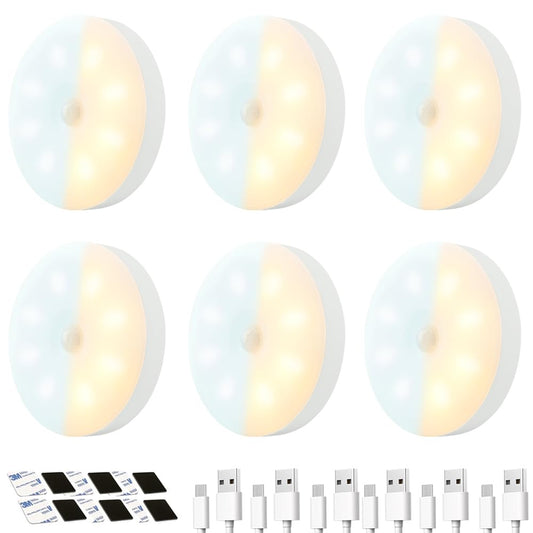 KIWOP 2 Colores Luz Led con Sensor de Movimiento, 6 PCS Led Luz Nocturna Recargable Usb, Luz Blanca 6000k & Luz Cálida 3000k, Diseño Magnético, 4 Modos Iluminación, 10 Horas Iluminación Continua.