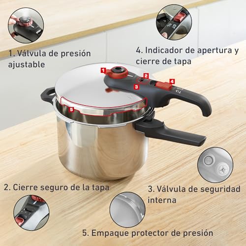Olla de Presión T-fal Acero Inoxidable Secure Click 6L