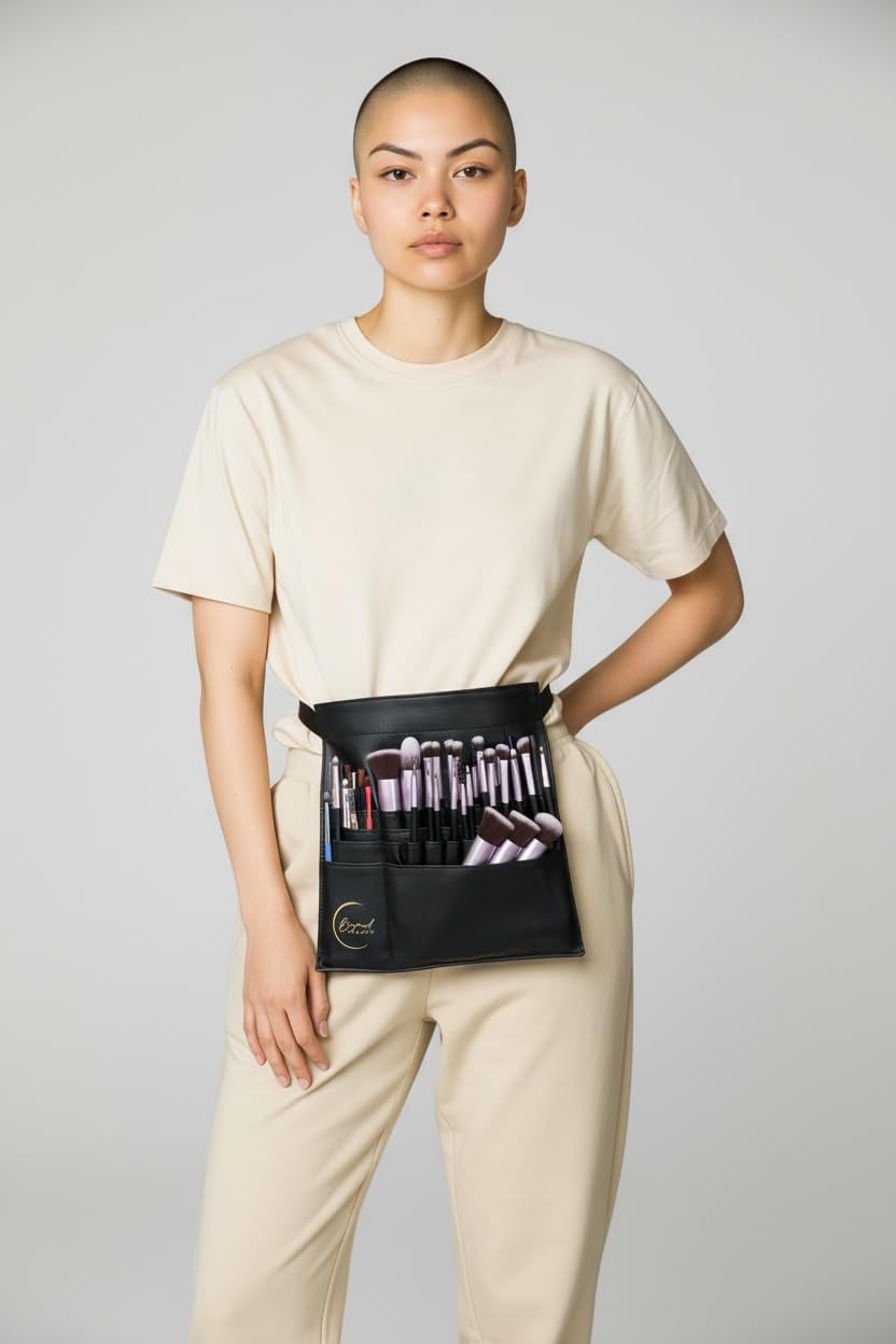 Beyond Shadow Brand - Bolsa para brochas de maquillaje de piel sintética negra | Capacidad para hasta 40 pinceles y lápices | Organizador profesional con correa ajustable para artistas de maquillaje