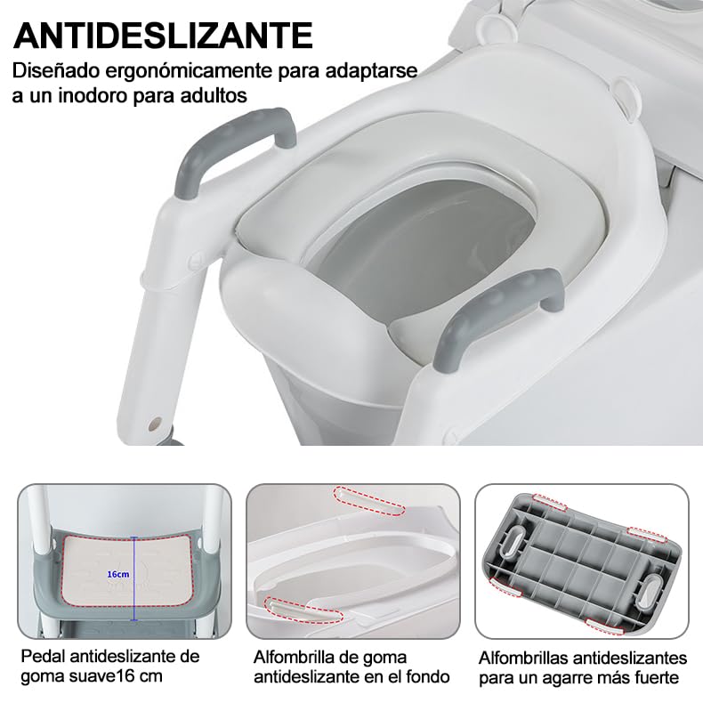 SLNXA Baño Entrenador Niño Asiento de Entrenamiento para Baño para Niños Asiento Entrenador para Inodoro con Escalera Plegable Antideslizante con Acolchonado y Agarres, Edad de 2 a 7 Años (Gris)