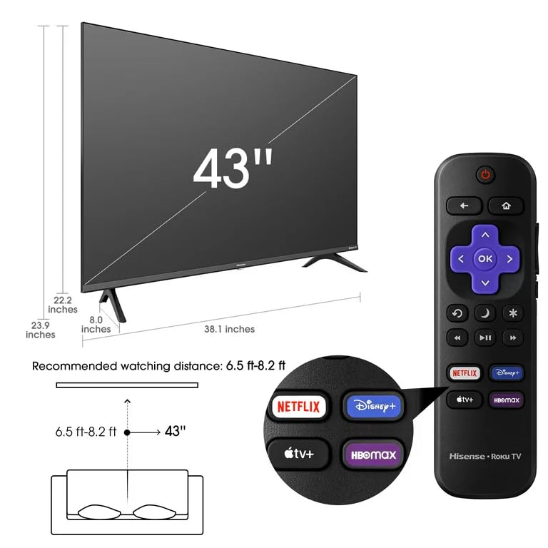 Hisense Television de 43 Pulgadas Class 1080p FHD LED Smart Roku TV Bisel Delgado Modo de Juego Funciona con Asistente de Google y Alexa 43H4030F4 (Reacondicionado)