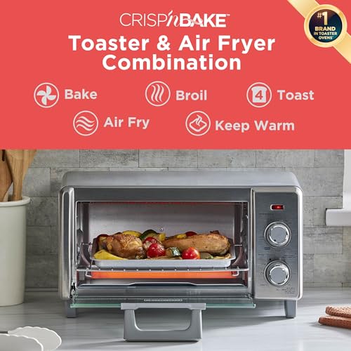 BLACK+DECKER Crisp 'N Bake Air Fry Horno tostador de convección, capacidad media, 4 veces, 5 en 1, se adapta a pizza de 9 pulgadas, temporizador de 30 minutos, hornear, asar, freír al aire, tostadas