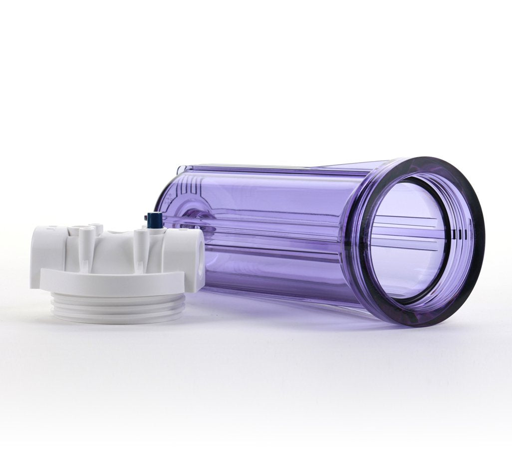 Carcasa Transparente Hydronix de 10 Pulgadas Blanca con Puertos de 3/4 Pulgadas y Botón de Alivio para Sistemas de RO y Filtración