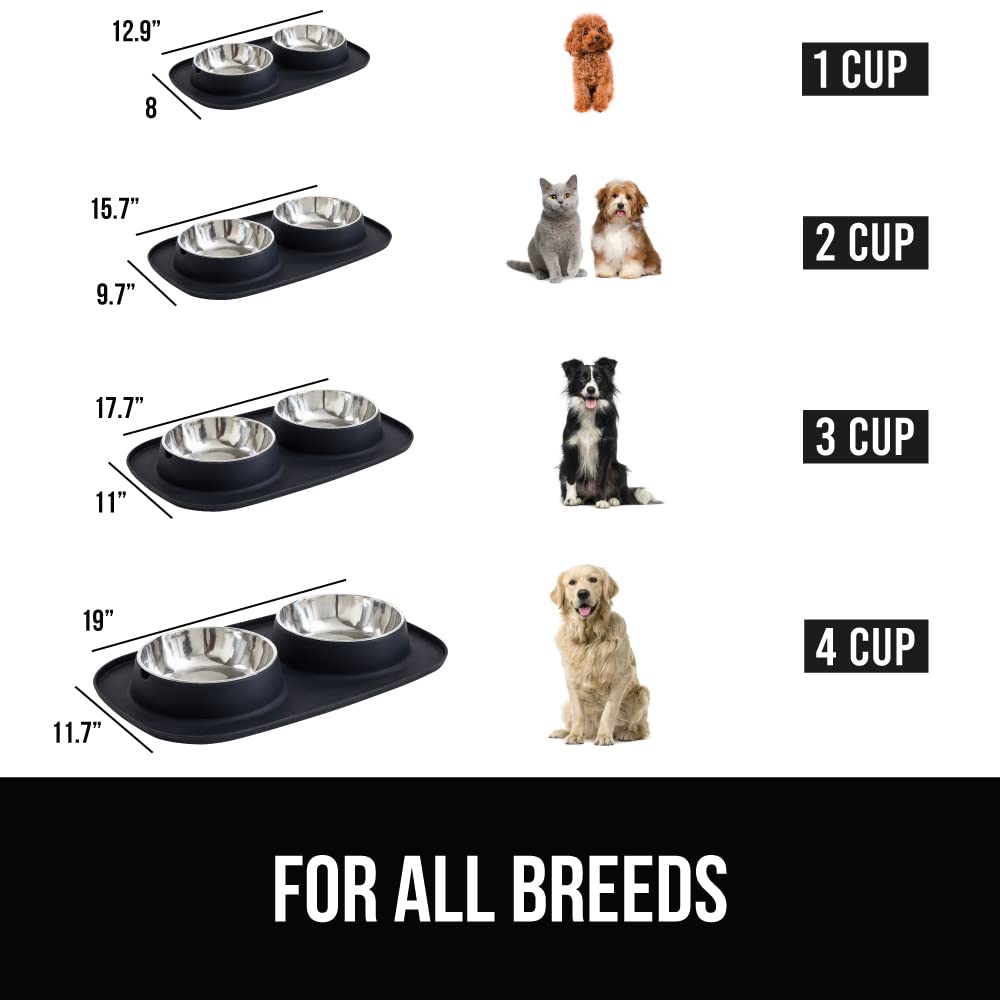 Gorilla Grip Juego de cuencos antideslizantes para mascotas y alfombrilla de alimentación de silicona, atrapa el agua y los alimentos, bordes elevados para evitar derrames, cuenco de acero inoxidable para gatos y perros, diseño pendiente de patente, 1 taz