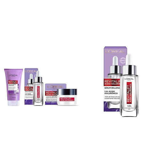 L'Oréal Paris Kit con Serum Facial, Crema de Día y Gel de Limpieza, Revitalift Ácido Hialurónico + Serum Facial Anti Arrugas Acido Hialuronico Revitalift
