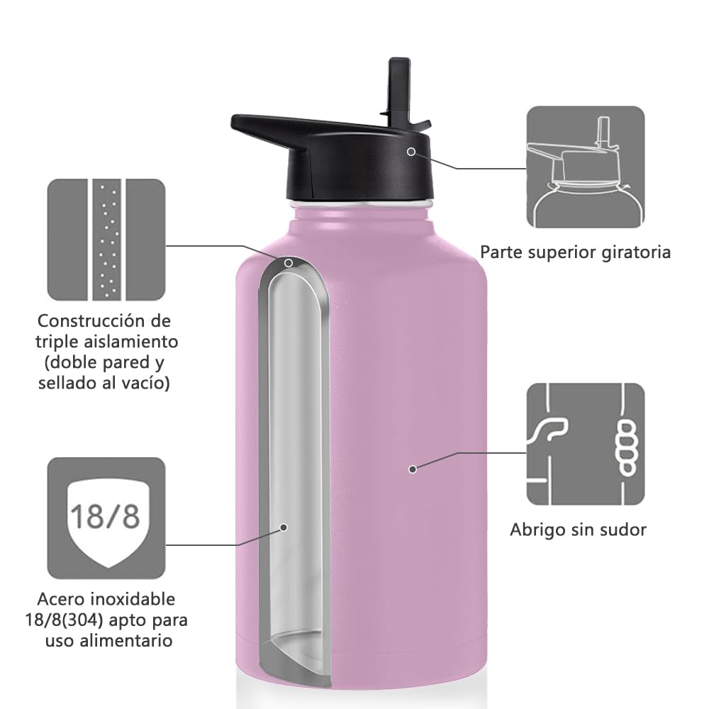 Free Wolf 64OZ Termo de Acero Inoxidable A Prueba de Fugas Con 3 Tapas y Asa, Doble Aislamiento Térmico para 24 Horas de Agua Fría y 12 Horas de Caliente