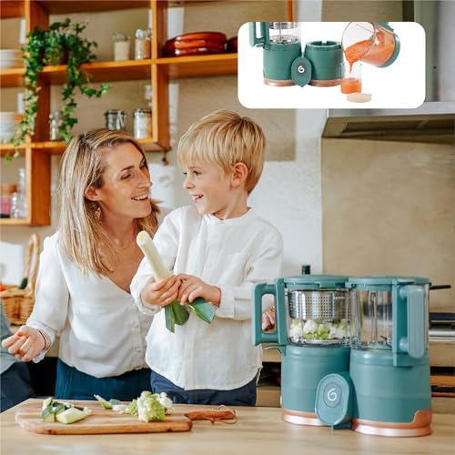 Babymoov Duo Meal de Vidrio 4 en 1: Procesador de Alimentos para Bebés con Vaporizador de Vidrio Incorporado, Cesta de Acero Inoxidable y Licuadora de Vidrio (Capacidad de Más de 6 Tazas), Verde