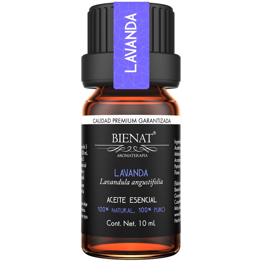 BIENAT AROMATERAPIA Aceite Esencial de Lavanda 10mL | 100% Puro y Concentrado | Ideal para Difusor de Aromas, Humidificador, Aromaterapia, Masajes, Meditación, Jabones y Velas | Esencia Natural en Gotas