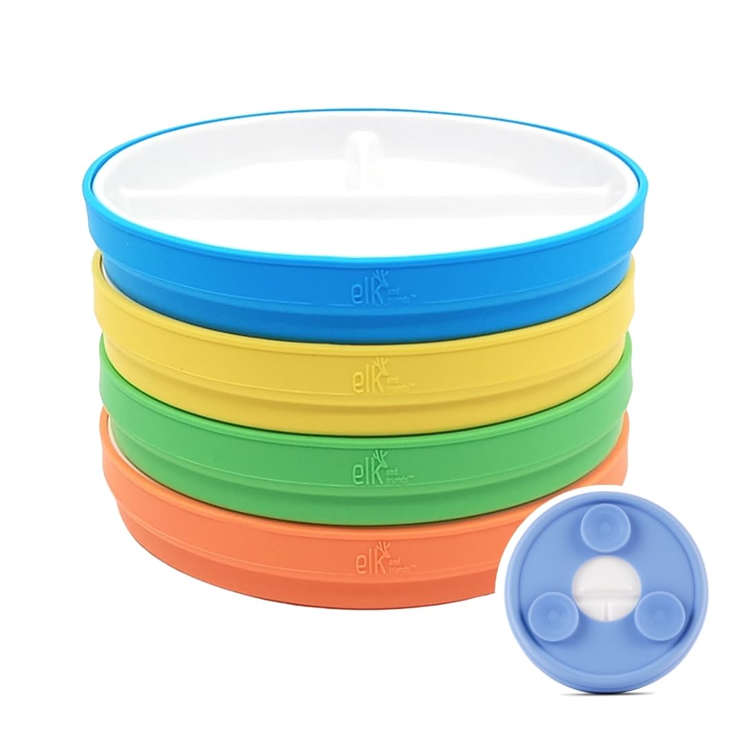 Elk and Friends Kids - Platos divididos de porcelana blanca de 6.7 pulgadas con mangas de succión de silicona, adecuados para bebés/niños pequeños, aptos para microondas y lavaplatos, vajilla para