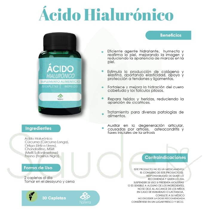 Suplemento de Ácido Hialurónico NaTerra en formato de 30 cápsulas para una piel hidratada y firme. ¡Adquiérelo ahora!