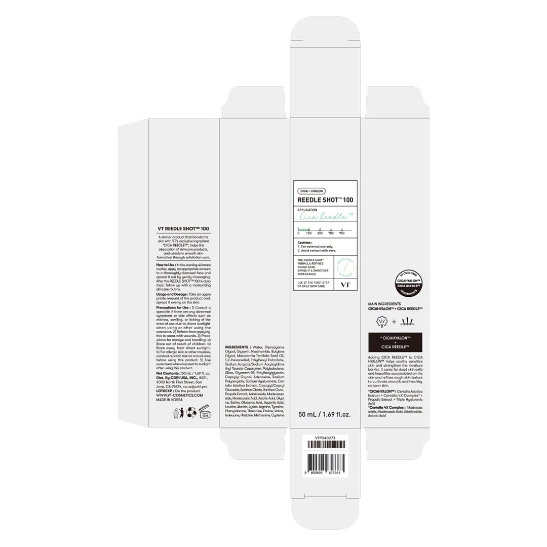 VT COSMETICS CICA Reedle Shot 100, suero de microagujas para uso diario y nocturno con exosomas, centella asiática, ácido hialurónico, propóleo, piel suave, regeneración, piel de cristal, potenciad