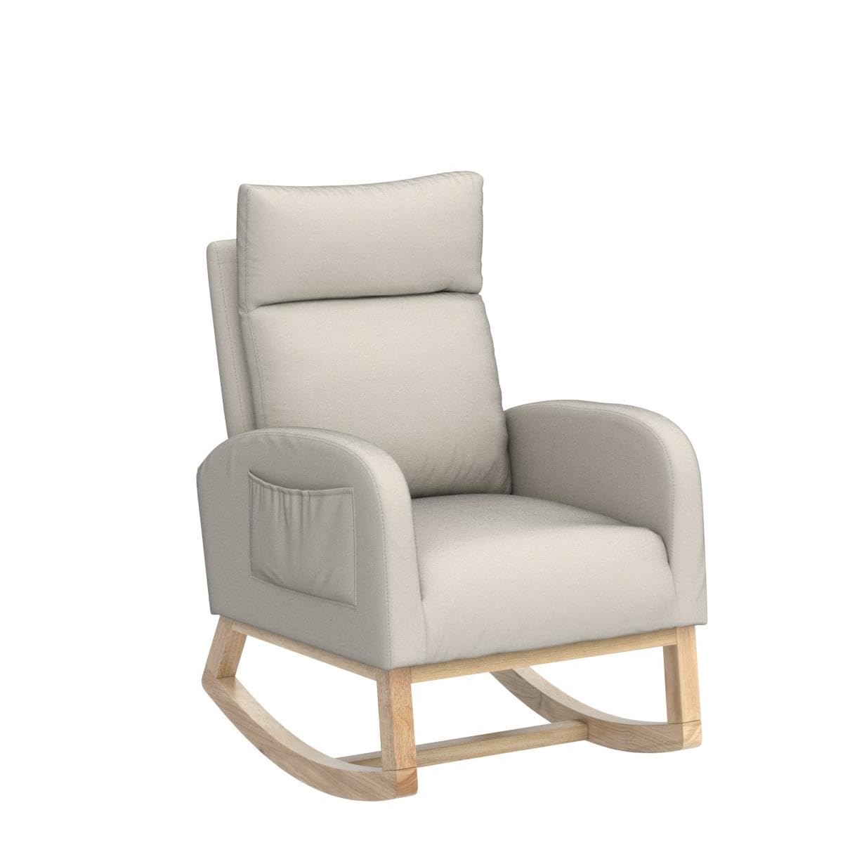 Krinana - Mecedora de guardería con patas de madera maciza, silla planeadora para guardería con dos bolsillos laterales, sillón basculante para sala de estar, recámara (beige, tela de lino)