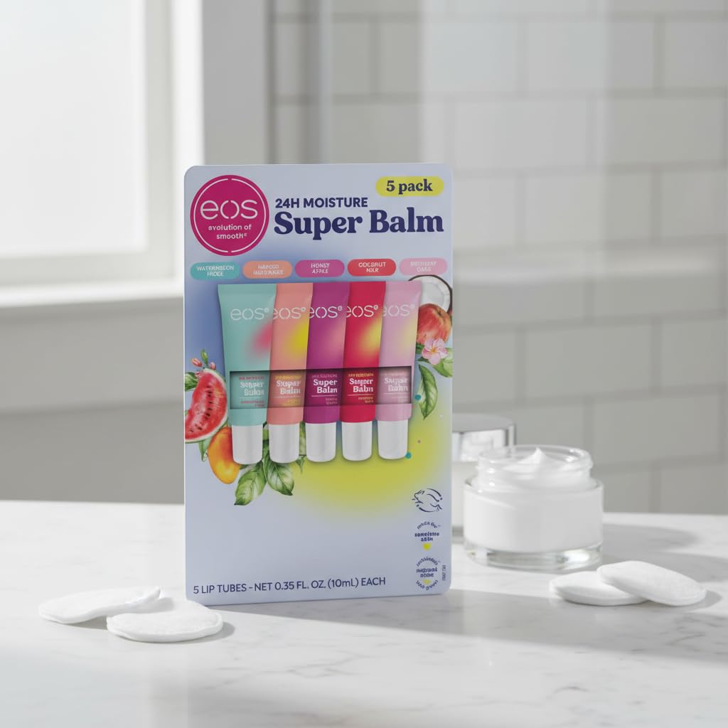 eos Super Lip Balm 24h Moisture, 5 Lip Tubes 10 ml c/u, bálsamo humectante para labios, 5 diferentes aromas
