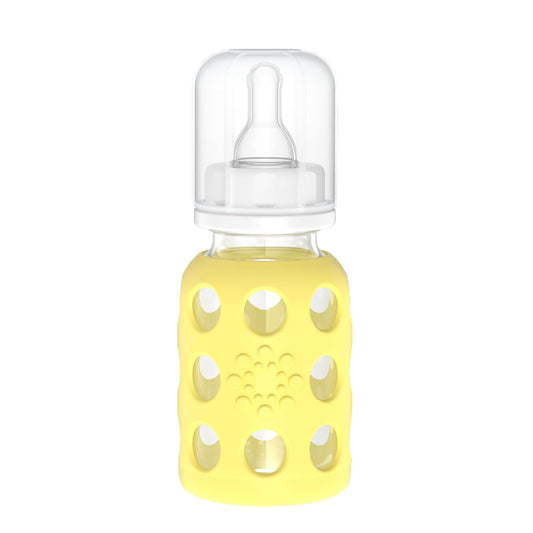Lifefactory - Biberón de vidrio con pezón de etapa 1 y funda protectora de silicona, plátano, 4 onzas