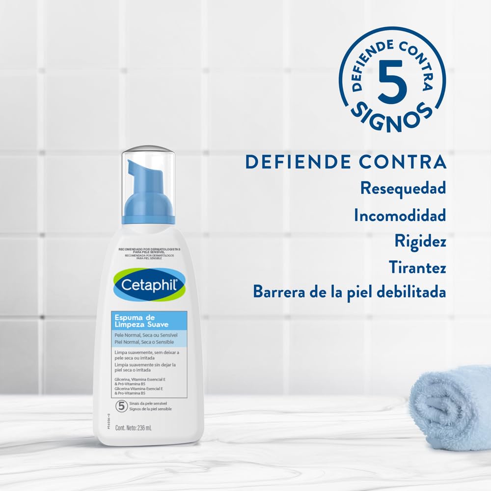 Cetaphil Espuma de Limpieza Suave, Limpia Suavemente sin Dejar la Piel Seca Formulada para Uso Diário Recomendada por Dermatólogos para Piel Sensible - 1 pieza de 236ml