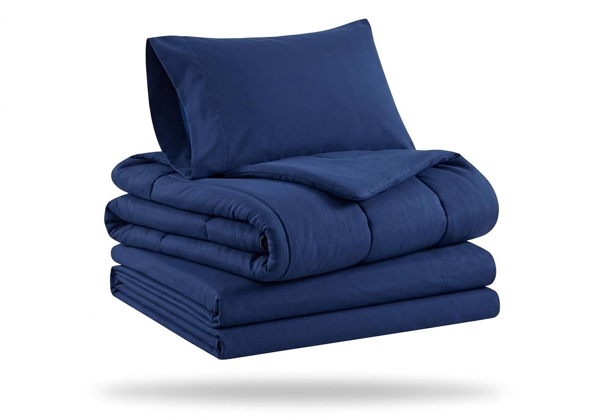 Everyday Kids - Juego de ropa de cama de 4 piezas para niños, incluye edredón, sábana encimera, sábana bajera y funda de almohada reversible, color azul marino