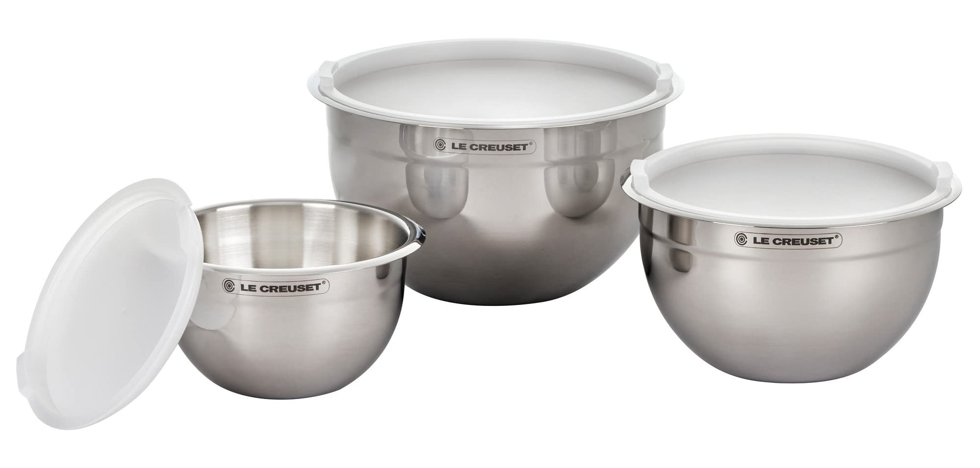Le Creuset - Juego de 3 cuencos para mezclar anidados con base de silicona antideslizante y tapas herméticas de plástico, tamaño grande, acero inoxidable