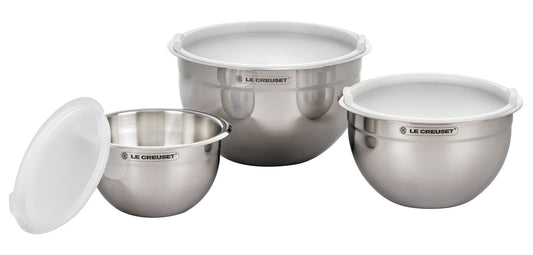 Le Creuset - Juego de 3 cuencos para mezclar anidados con base de silicona antideslizante y tapas herméticas de plástico, tamaño grande, acero inoxidable