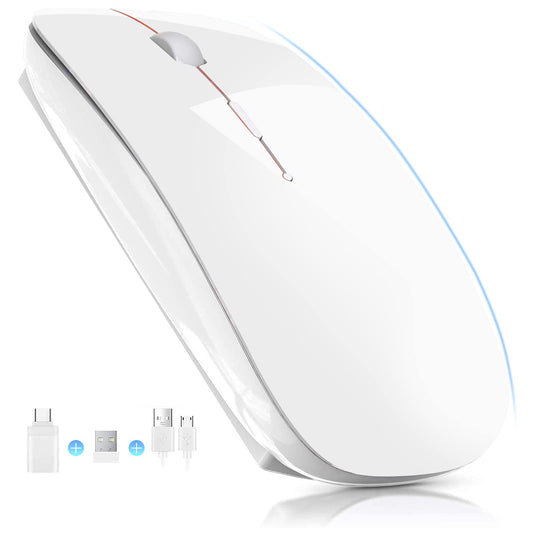 Ratón Óptico Inalámbrico YOMYM Blanco Recargable con Receptor USB y Adaptador Tipo-c para Computadora