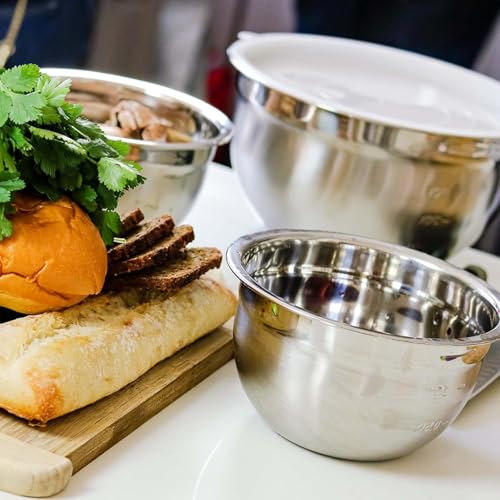 Juego de Cuencos de Acero Inoxidable Ovente Plateado con Tapa y Marcas de Medición para Cocina