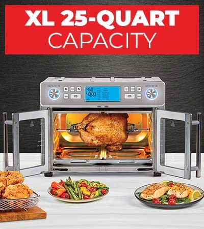 Emeril Lagasse Dual Zone 360 Air Freyer Oven Combo con puerta francesa, comidas extra grandes de 25 cuartos de galón para cocinar dos alimentos de dos maneras diferentes al mismo tiempo, hasta un 60%