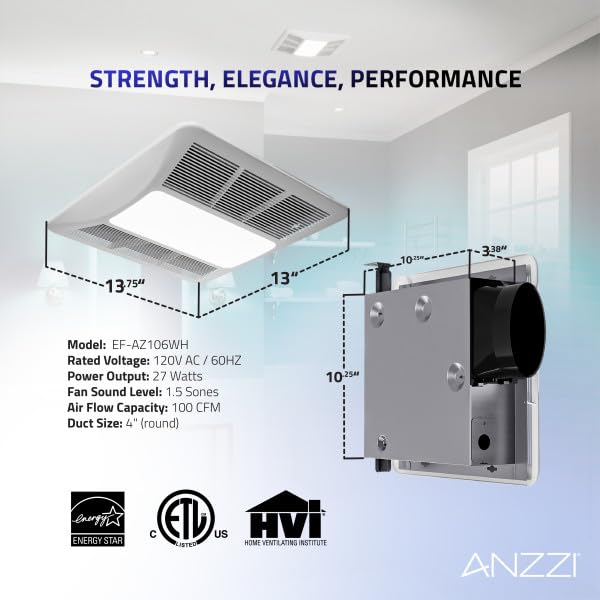 ANZZI - Ventilador de escape de 100 CFM, con luz LED y sensor de humedad, montaje en techo (blanco)