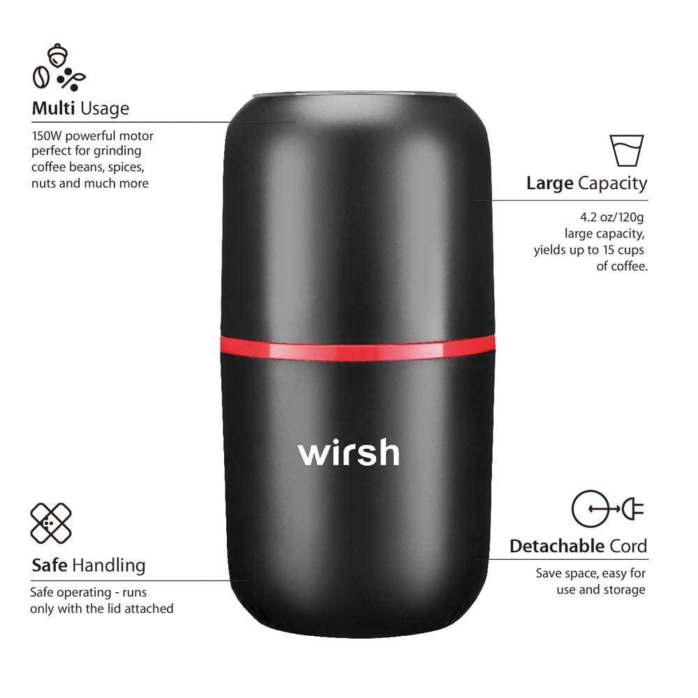 Molinillo Eléctrico de Café y Especias Wirsh Negro con Cuchillas de Acero Inoxidable