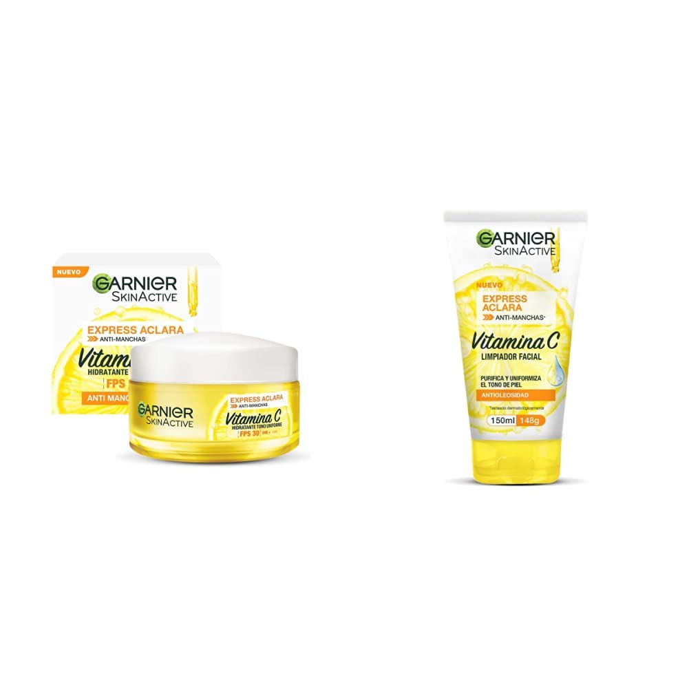 Garnier Skin Naturals Face Express aclara crema hidratante tono uniforme con fps 30 + Gel de limpieza Tono Uniforme con Vitamina C Express Aclara Garnier
