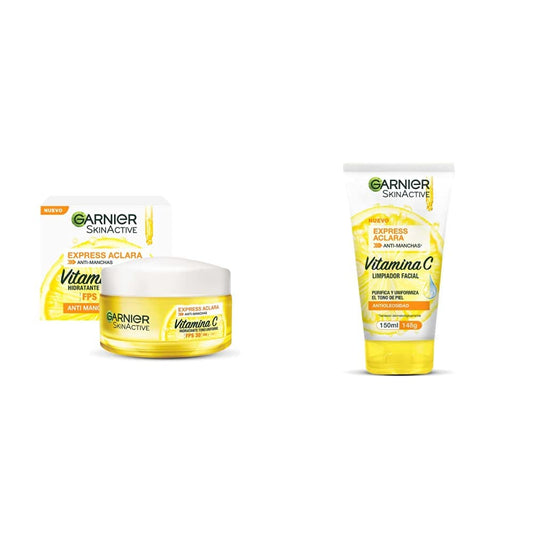 Garnier Skin Naturals Face Express aclara crema hidratante tono uniforme con fps 30 + Gel de limpieza Tono Uniforme con Vitamina C Express Aclara Garnier