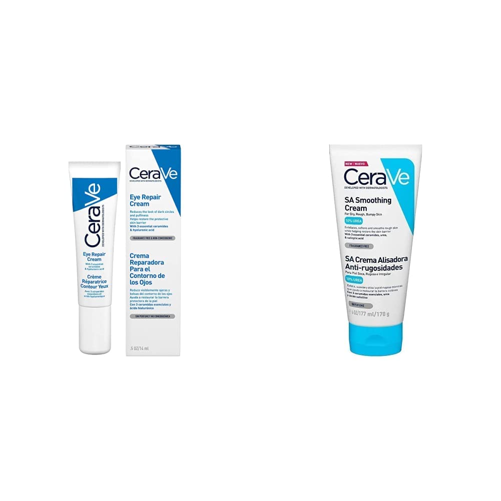 CeraVe Crema Reparadora para el Contorno de Ojos |14gr| Crema hidratante de ojos para bolsas y ojeras + Crema Alisadora AntiRugosidades |170Gr| Crema Exfoliante De Uso Corporal