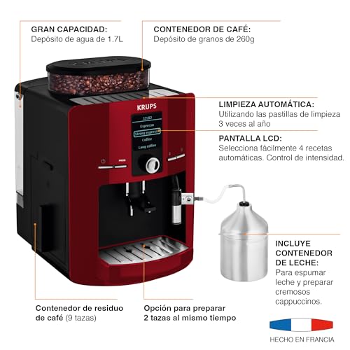 KRUPS Espresseria automática roja, es como un barista en casa gracias a su sistema Quattro Force, 1450 W, con molino integrado de 3 niveles. Capacidad 1.8 L, EA825511