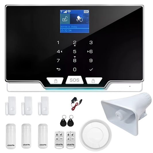 Clicklife Alarma Casa Negocio gsm Chip Celular WiFi Inalámbrica Kit6 Sirena de 30 Watts. con 6 sensores inalámbricos de 3 Movimientos y 3 de Puertas. Dos Variantes: WiFi o Cableada.