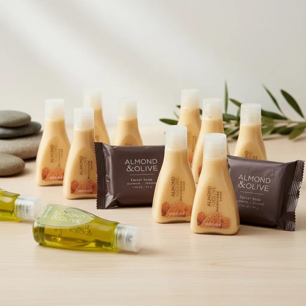 Jypesa | Jabón Hotelero Almond & Olive | Amenidades Hoteleras para Hotel y Airbnb | Kit de Baño 144 Piezas | Jabones Crema y Shampoo