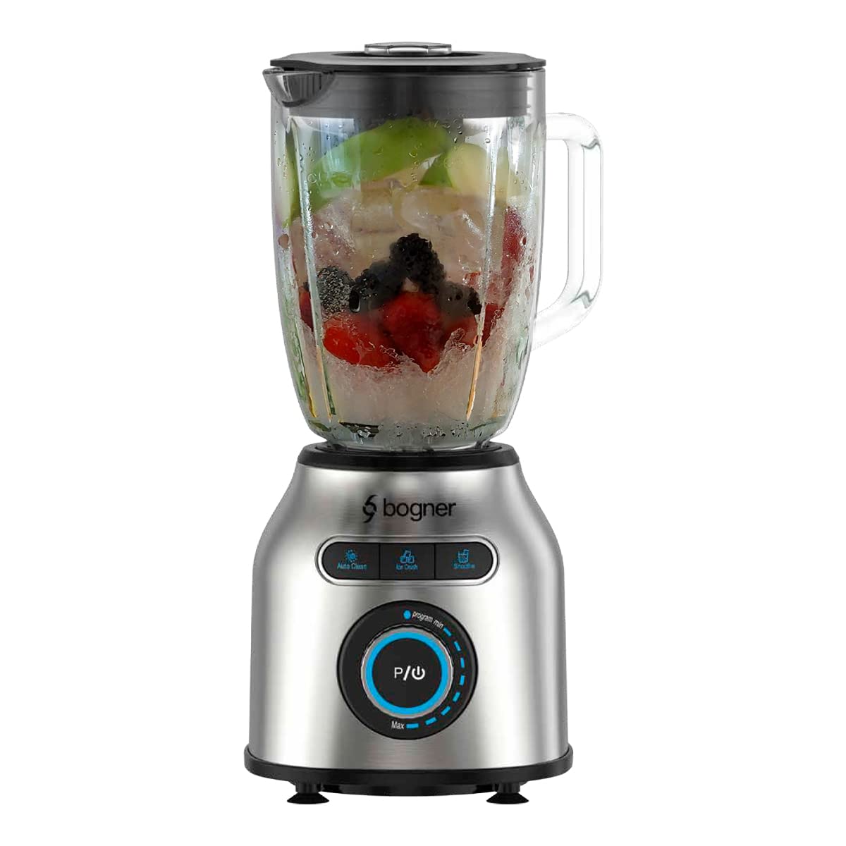 BOGNER Licuadora de 8 velocidades, 1200W fabricada con cubierta de acero inoxidable. Vaso de vidrio templato 1.75L. Función muele hielo, smoothie y autolavado.