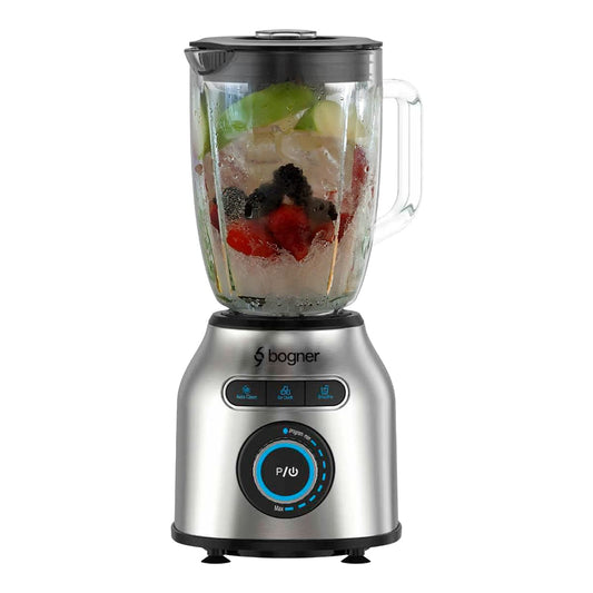 BOGNER Licuadora de 8 velocidades, 1200W fabricada con cubierta de acero inoxidable. Vaso de vidrio templato 1.75L. Función muele hielo, smoothie y autolavado.