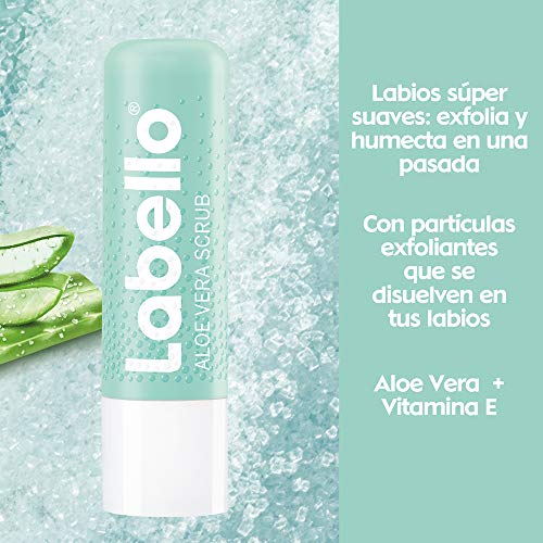 LABELLO Bálsamo Labial Exfoliante Scrub con Aloe Vera (4.8 g) con Vitamina E y microperlas exfoliantes libre de aceites minerales
