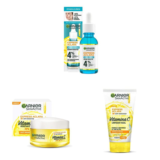 Garnier Express Aclara Serum Anti Acne 30 ml + ls Face Express aclara crema hidratante tono uniforme con fps 30 + or Facial Tono Uniforme con Vitamina C Express Aclara 150ml,170 grams, 150 mililitro,1