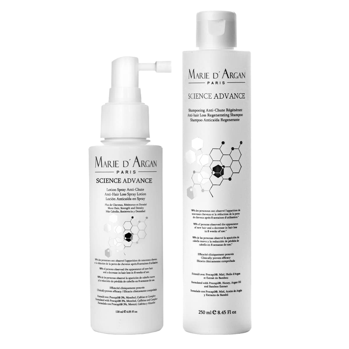 Kit Shampoo y Loción Anticaída Marie d’Argan Blanco con Procapil y Argán para Fortalecer y Nutrir el Cabello