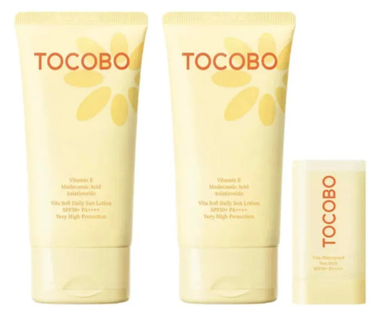 Bloqueador Solar Corporal TOCOBO Vita Soft SPF50 PA++++ con Vitamina E 2 Tubos + Barra Resistente al Agua