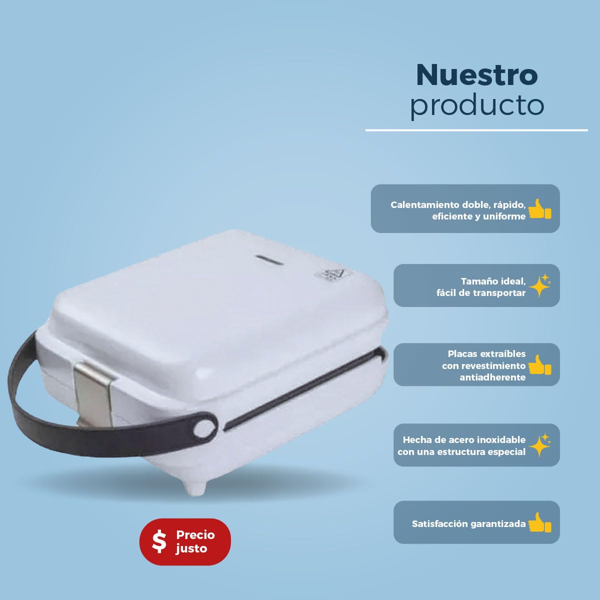 Wafflera Sandwichera Eléctrica Portátil con Parrilla Intercambiable Blanca